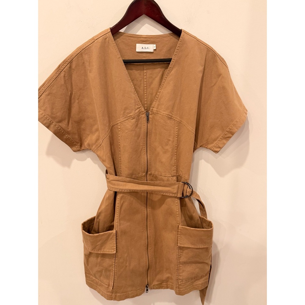 ALC Women Camel Tan Cotton Twill Zip Front Belted Cargo Mini Dress Size 10